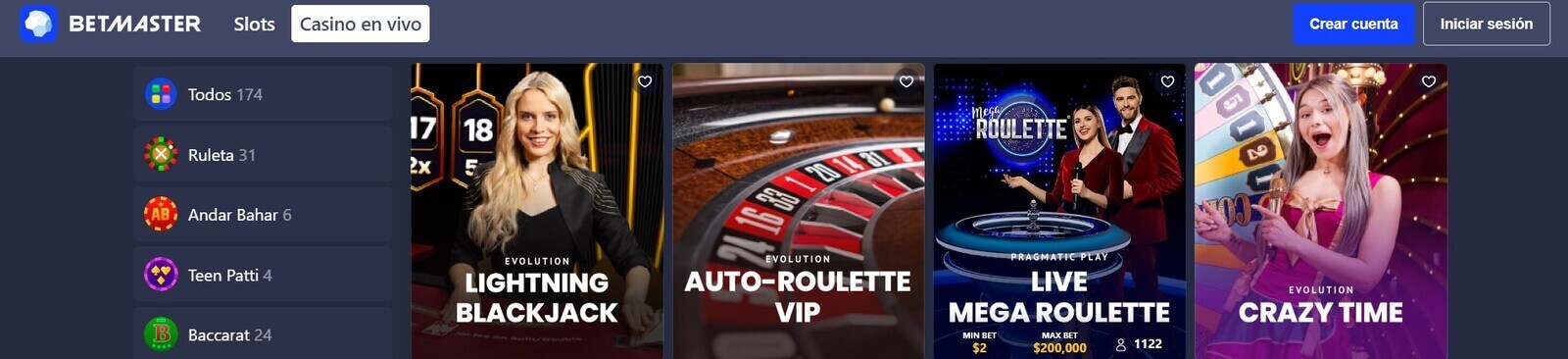 Juegos de Casino en vivo de Betmaster Casino online