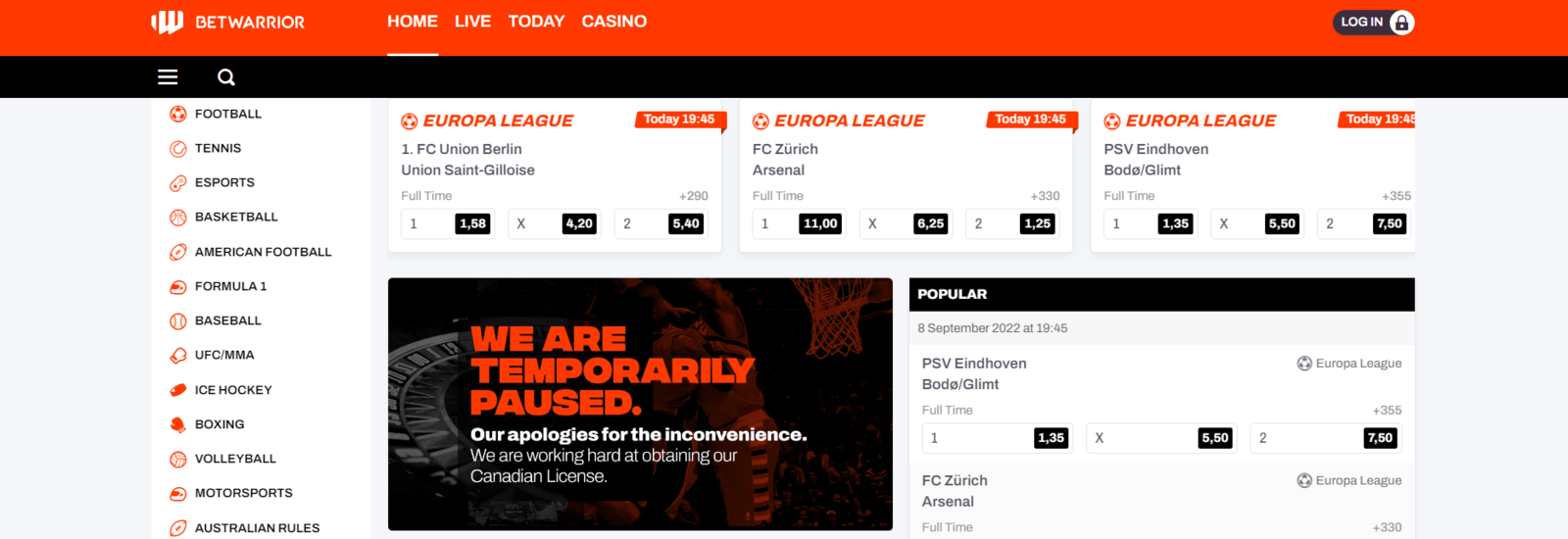 Apuestas deportivas online de BetWarrior