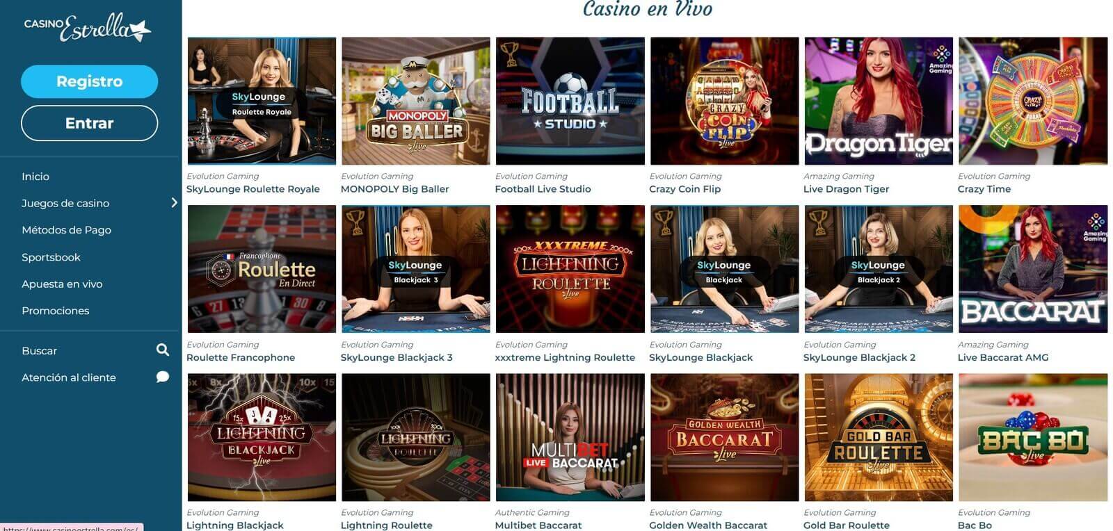 Juegos en vivo de CasinoEstrella online en Latinoamérica