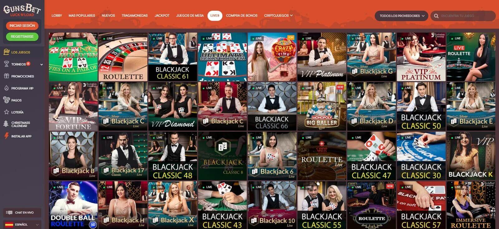 Juegos en vivo de Gunsbet casino online en América Latina