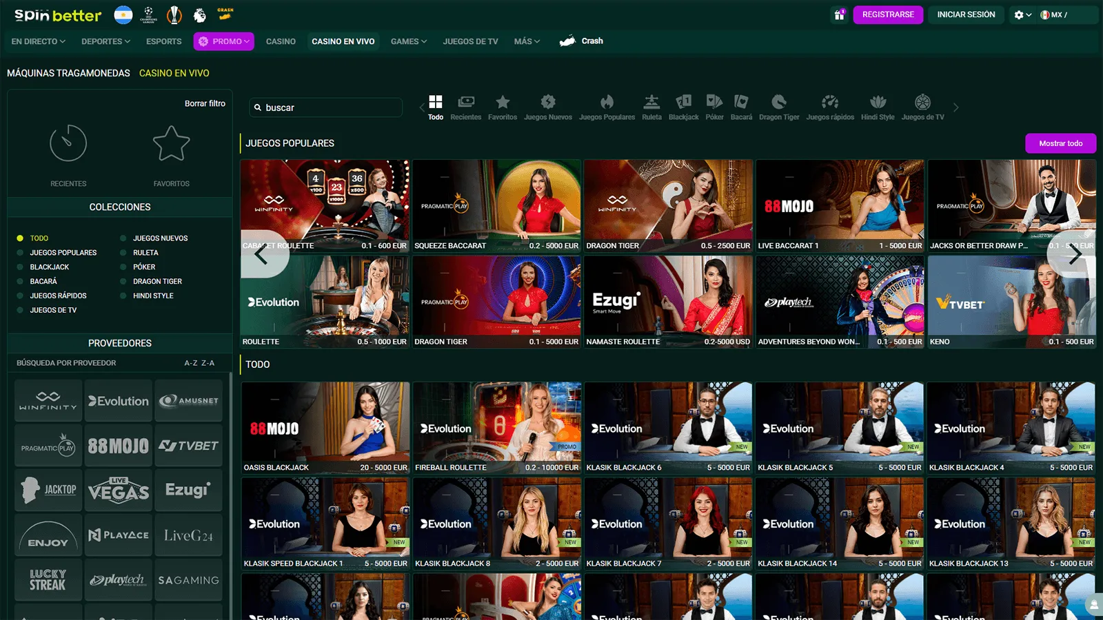 Juegos de casino en vivo en SpinBetter Casino