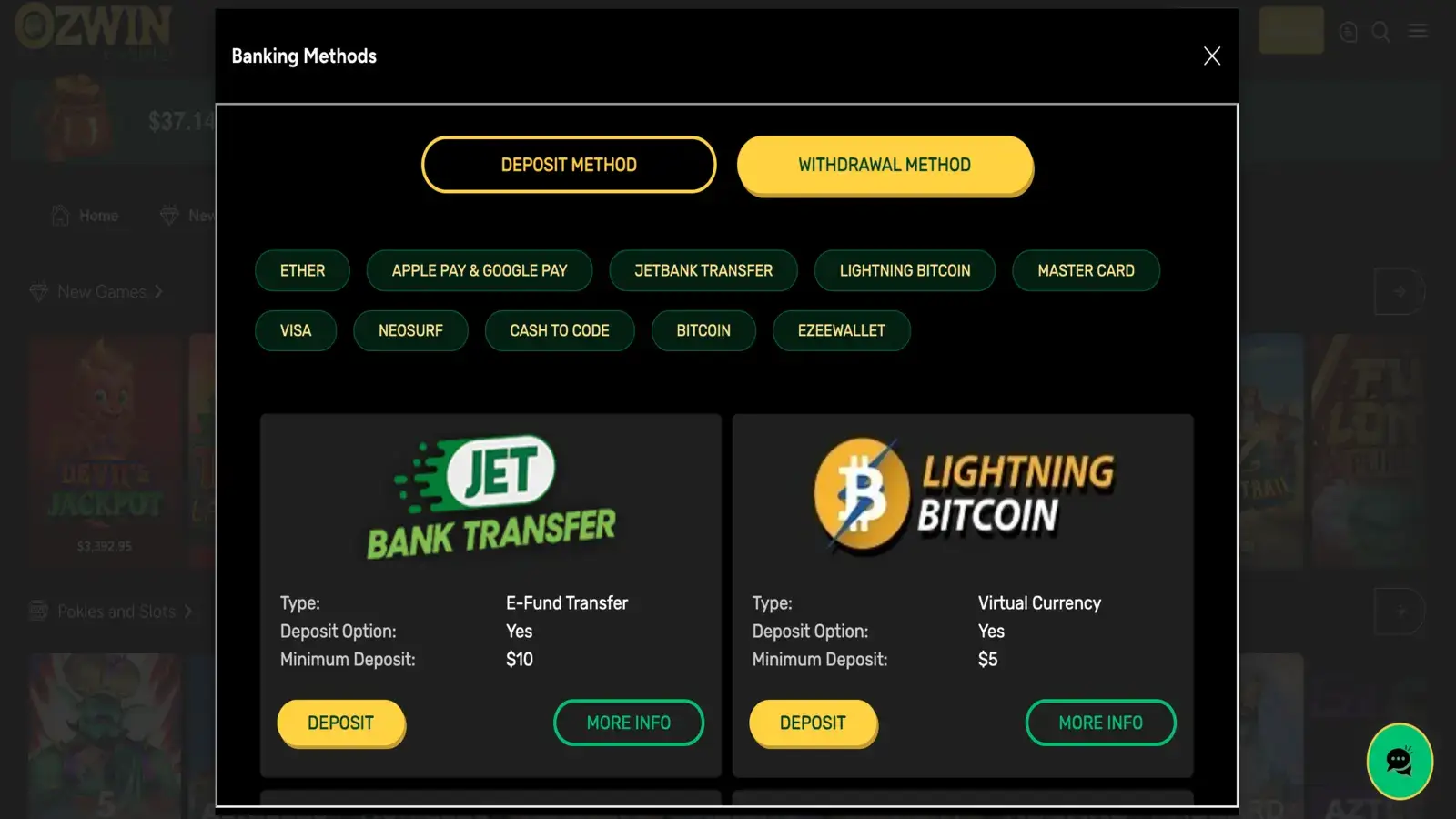 Ozwin Casino Banking Methods