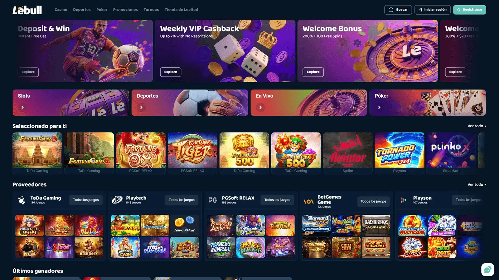 P&aacute;gina de inicio de LeBull Casino en Am&eacute;rica Latina