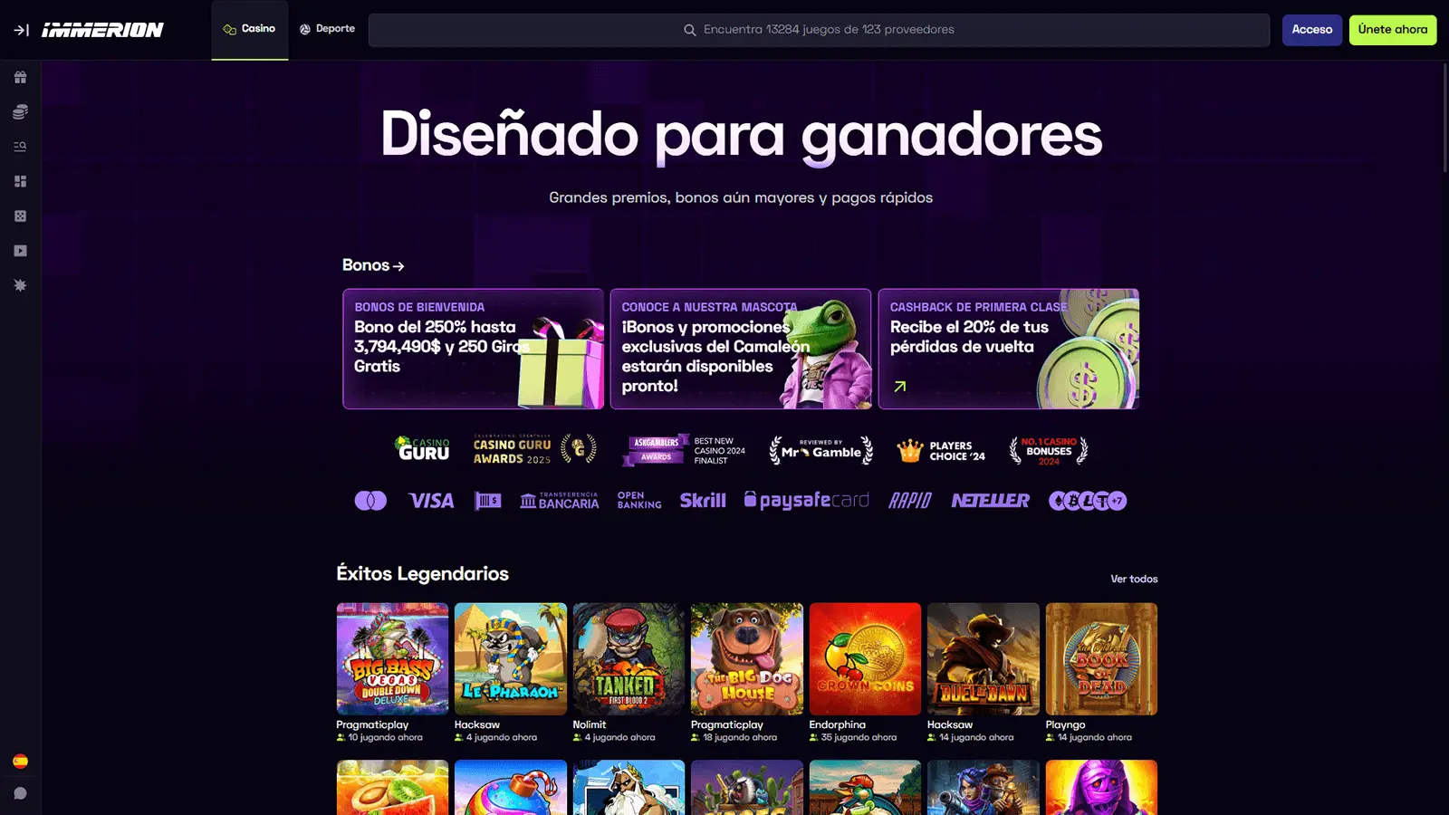 P&aacute;gina principal de Immerion Casino en Latinoam&eacute;rica