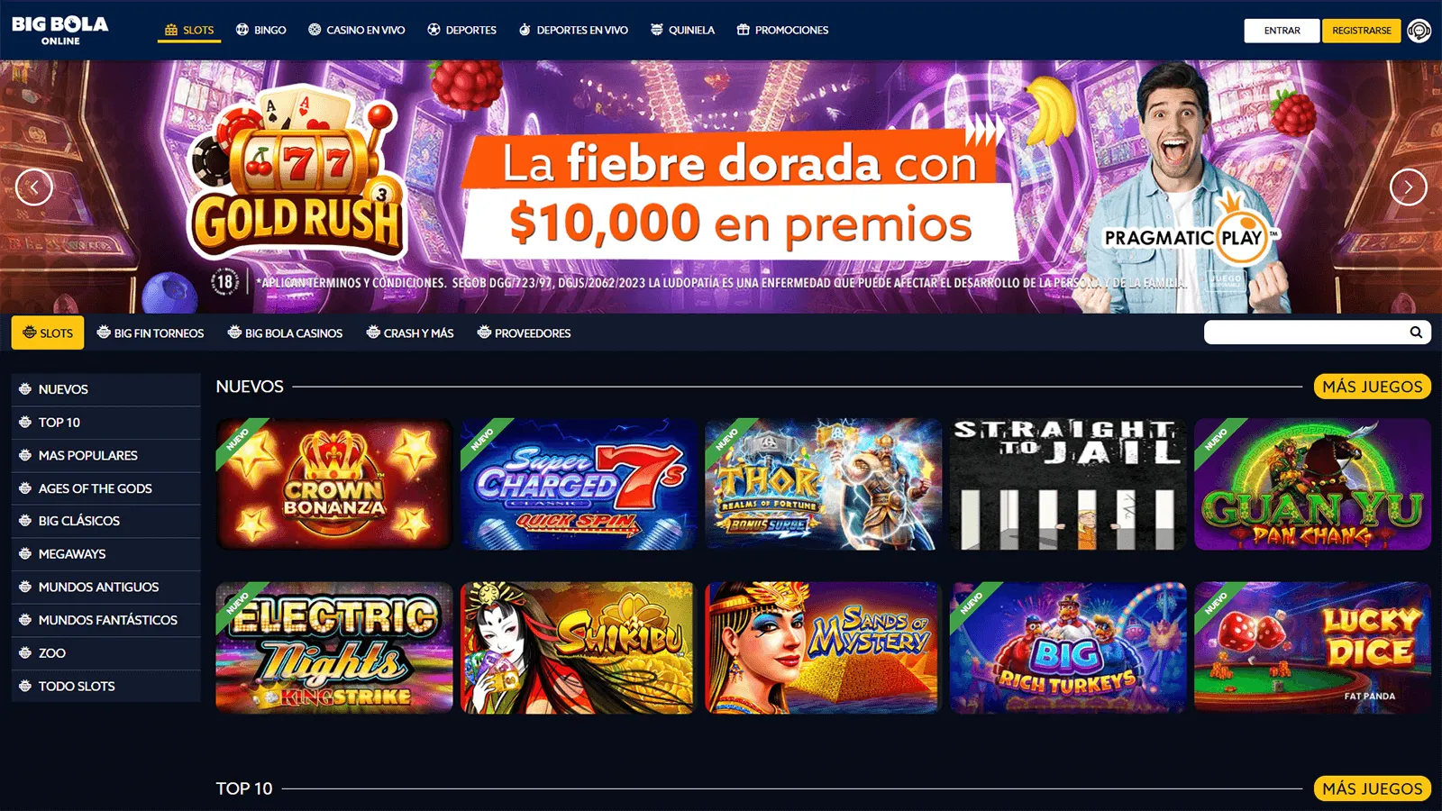 Pagina principal del casino Big Bola en Mexico