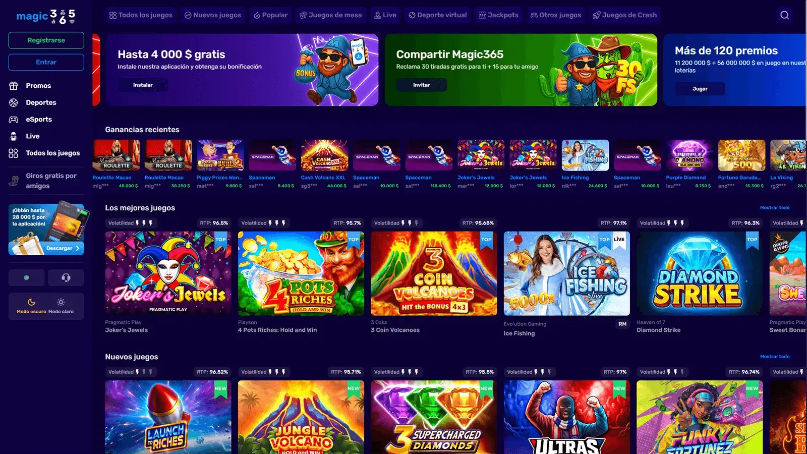 P&aacute;gina principal del casino Magic365 en Latinoam&eacute;rica