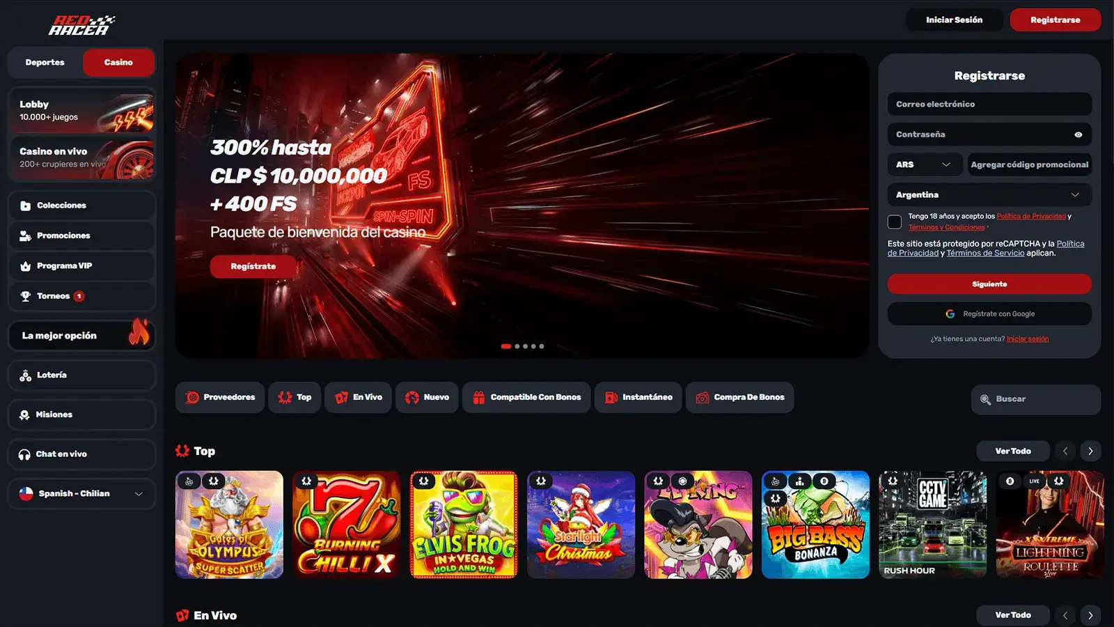 P&aacute;gina principal del casino Red Racer en Latinoam&eacute;rica