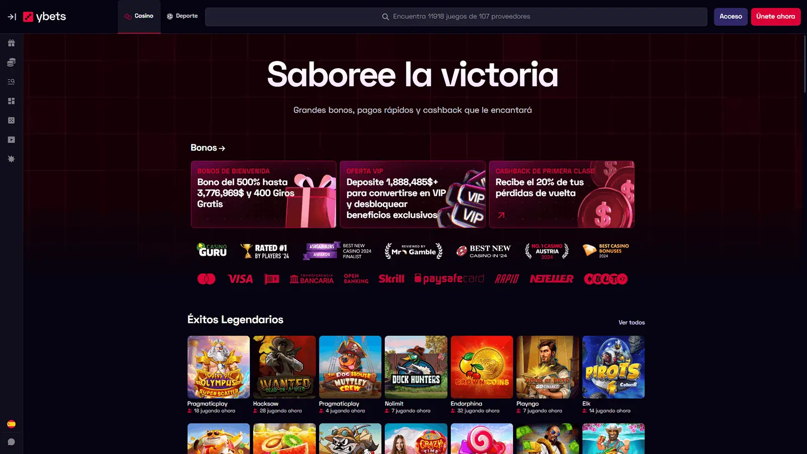 Página principal del casino Ybets en Latinoamérica