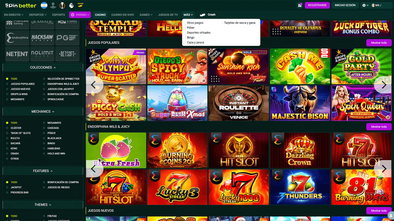 Seleccion de juegos en SpinBetter Casino